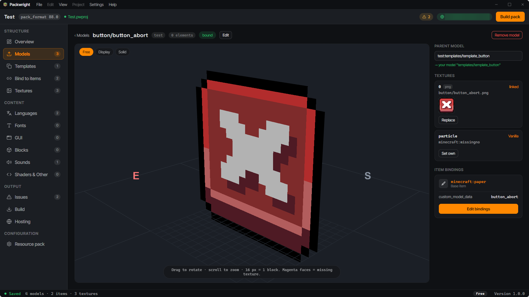Resourcepack-Einstellungen: pack.mcmeta, Zielversion und Optionen.